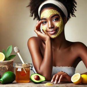 A-beautifully-lit-professional-quality-image-of-an-African-or-Afro-American-woman-with-radiant-glowing-skin-applying-a-natural-face-mask-made-of-Avo