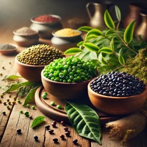 A-beautifully-lit-professional-quality-image-of-three-Kenyan-superfoods-displayed-on-a-rustic-wooden-table_-a-bowl-of-cooked-ndengu-green-grams